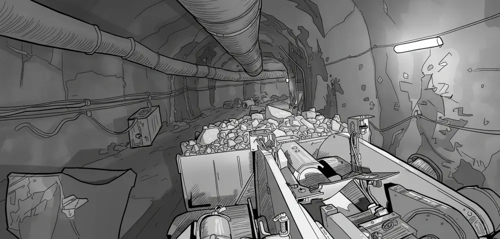A drawing of a loaded muck bucket in a drift.