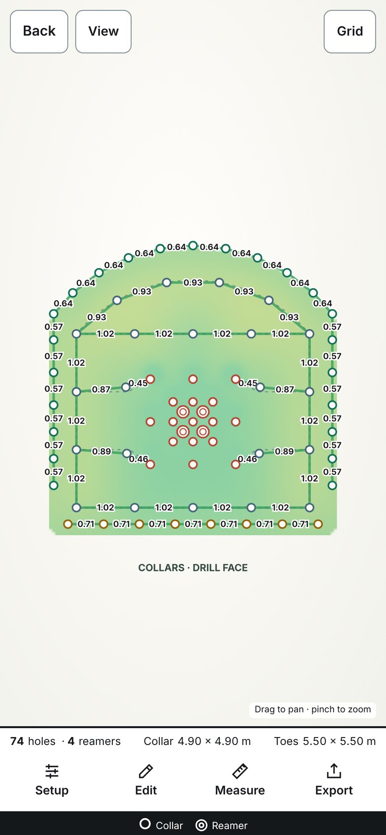 Round Planner on a phone, showing the heatmap on the drill face with the spacings labelled in metres.